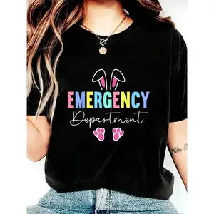 Emergency Department Easter Bunny ER Nurse Easter Day T-Shirt Print Crew Neck Casual T-Shirt Short Sleeve Sports Top. Smart CasualStreet Style Women's Clothing graphic tees women crop tops summer outfits for women summer tops T-Shirt