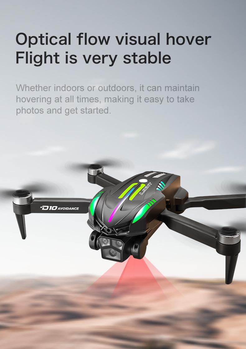 D10 Drone | Brushless Motor 4-Way Obstacle Avoidance Drone with Gradient Flowing Lights, Optical Flow & Servo Gimbal EIS Stabilization, Dual WIFI Camera, Sports Car Shape, Foldable, Gesture Control & One Key Return