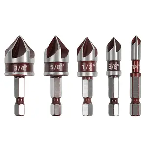 5PCS Countersink Drill Bit Set With 82-Degree, Five-blade Chamfering Tool, Chamfering Knife,  Woodworking Drilling Quick Guide Tool, Wood Centering Countersink Drill Set, Hexagonal Shank Expansion Drill, Tapered Screw DIY Countersink Tool, Deburring Tool
