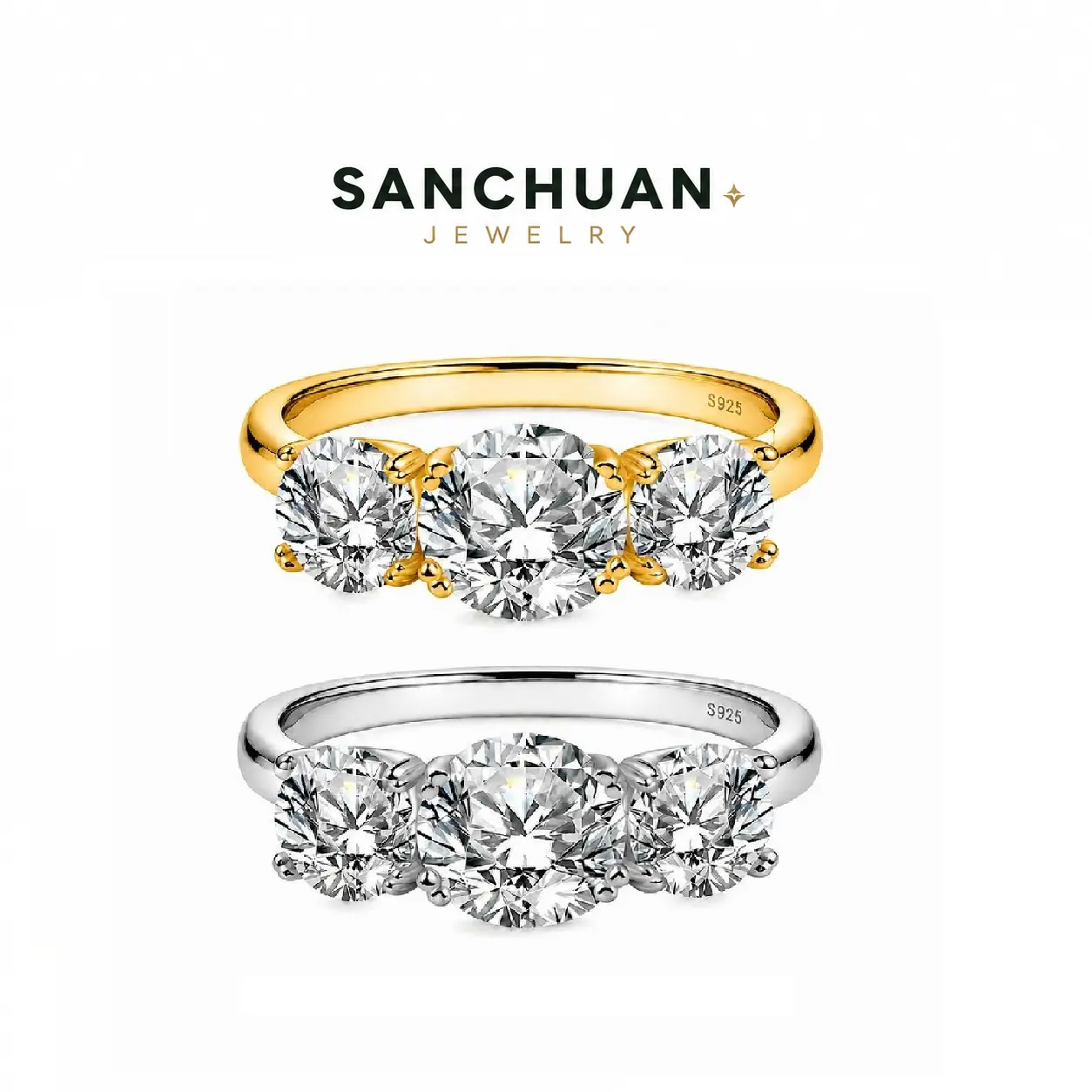 Elegant 3 Stone Moissanite Ring 2ct-4ct S925 Sterling Silver with 18K Gold Plating Anniversary Valentine Gift for Couples