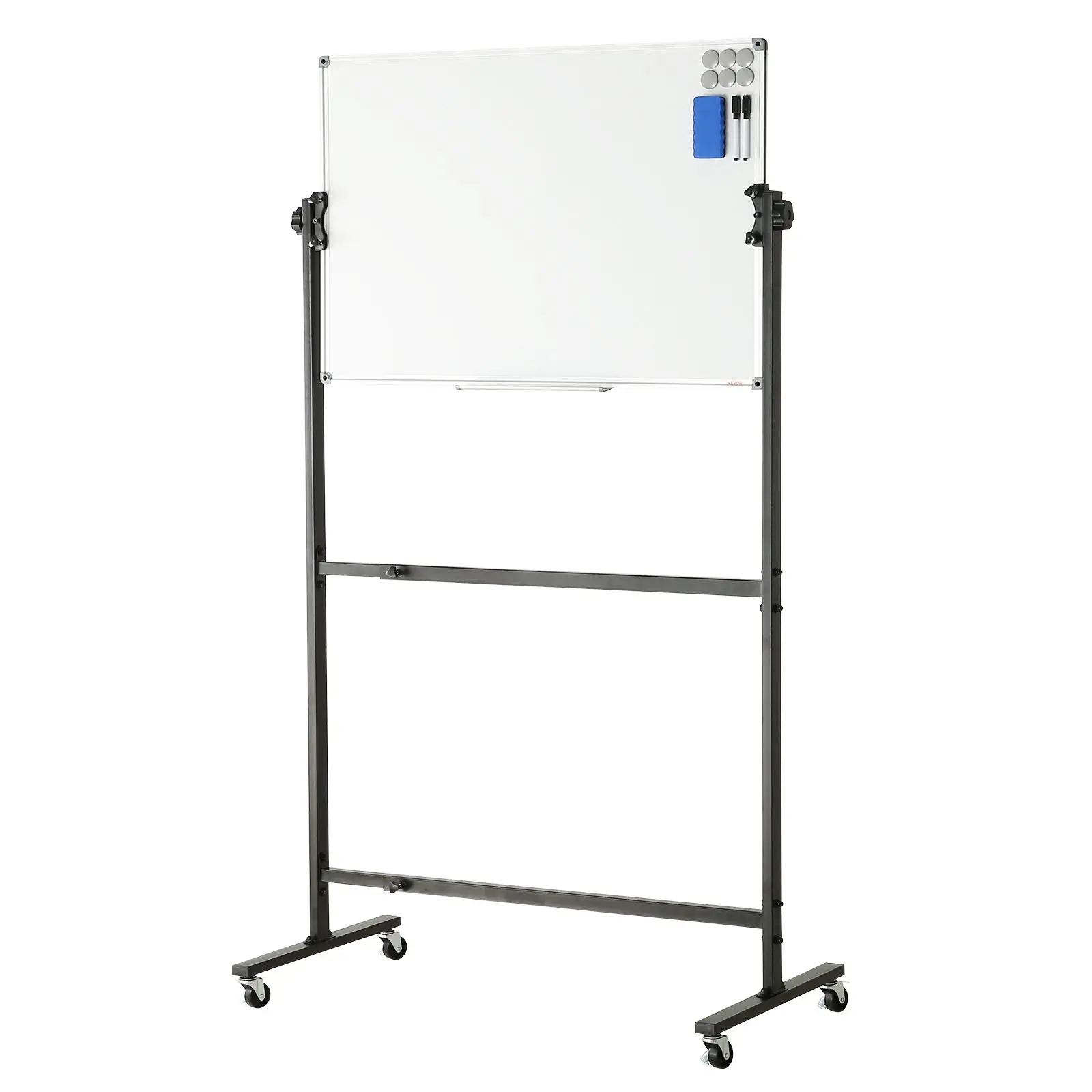 VEVOR Stable Rolling Whiteboard, 36x24in Double-Sided 360-Degree Rotatable Mobile Whiteboard with Magnetic Surface, 1 Magnetic Eraser, 3 Dry-Erase Markers, Movable Tray, 47-71in Adjustable Size for School/Office