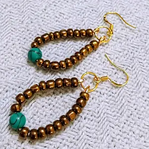 Handmade Wire Loop Earrings with Antiqued Copper Tone Beads and Faux Turquoise Bead - Goldtone Wires