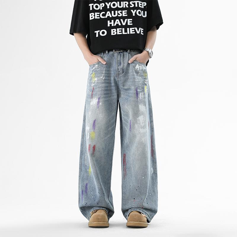 High Street New Trendy Brand Ripped Printed Jeans, Men's Washed Vintage High Street Long Pants for Spring and Fall, Loose Casual Versatile Straight Leg Pants, Niche Design Graffiti Splash Straight Mid-Rise Jeans, Wide Leg Trousers, Men's Jeans, Men's Bott