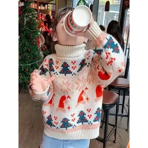 Girls' 2024 Fleece-Lined High-Neck Sweater - Cute Cartoon Reindeer Christmas Design, Warm Winter Knit Top, Machine Washable Cozy Pullover for & Kids, Girls Christmas Sweater, Festive Clothing, Playful Design, Soft Fabric, Kids Knitwear, Parents Gift