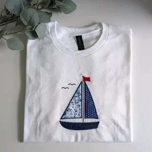 Coastal Sailboat T-shirt, Embroidered Summer T-shirt, Patchwork Sailboat shirt