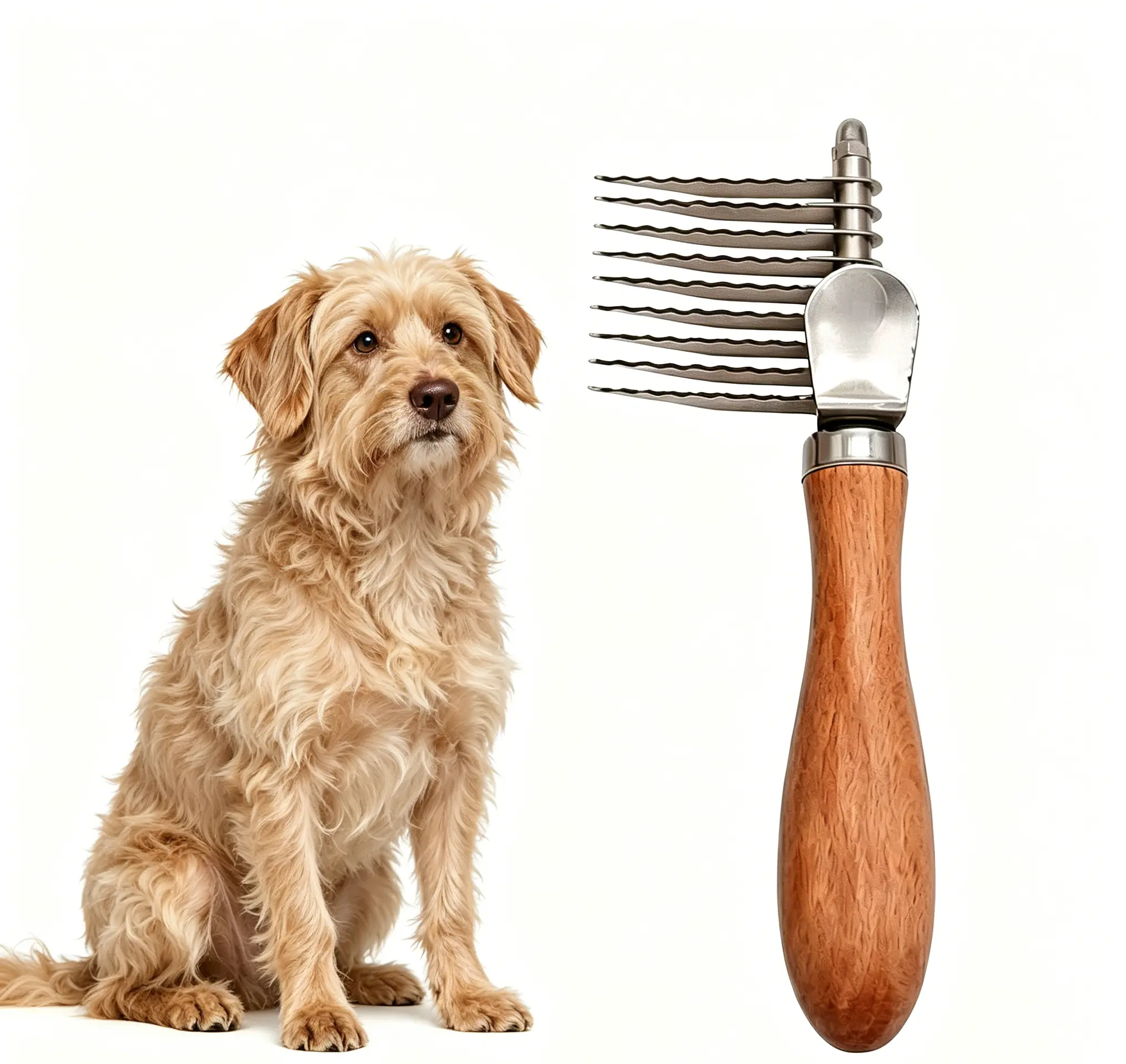 Dog Comb for Dematting Detangling Brush- Gently Removes Mats from Undercoat Fluffs Fur for Poodles Golden Retrievers and Long-Haired Pets Stainless Steel Pet Grooming Comb Removes Dead Detangler Brush for Dogs Comb Tool for Grooming fathe wooden handle ou