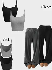 Women's Solid Crop Cami Top & Straight Leg Pants Set, Casual Comfy Breathable Two-piece Set for Daily Wear, Ladies Clothes for All Seasons, Loungewear,Airport Outfit