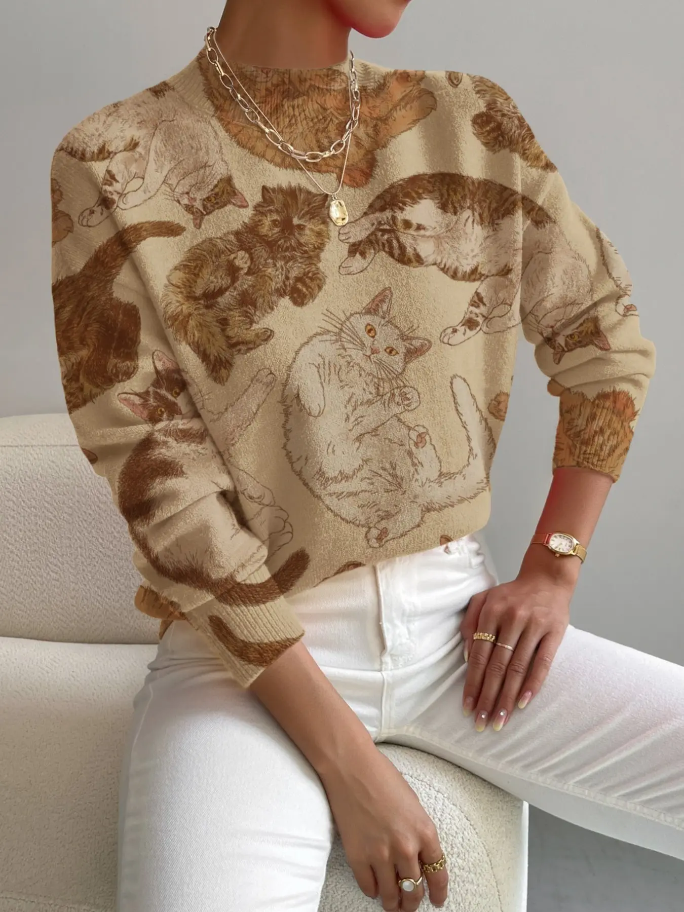 Women's Knitted Sweater with Cartoon Cat Print, Casual Elegance for Spring Autumn Winter, Versatile Holiday Commute Wear