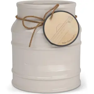 Ceramic Farmhouse Utensil Holder for Kitchen Counter, Large Rustic Utensil Crock, Countertop Cooking Tool Spatula Organizer, 6.75" (Taupe)