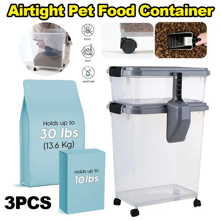 3-Piece Airtight Pet Food Storage Container Combo with Scoop, BPA Free, Removable Wheels, 33 QT + 12 QT