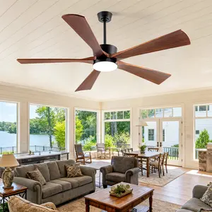 60Inch modern ceiling fan with Lights, ceiling fan with remote, Walnut Solid Wood 5 blades ceiling fan, Quiet DC Motor, 6 Speed,
