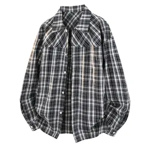 Retro plaid shirt jacket, men's casual long-sleeved spring and autumn new, lazy loose plaid shirt, plaid shirt, lapel long-sleeved thin cardigan shirt, suitable for daily and outdoor travel, men's top