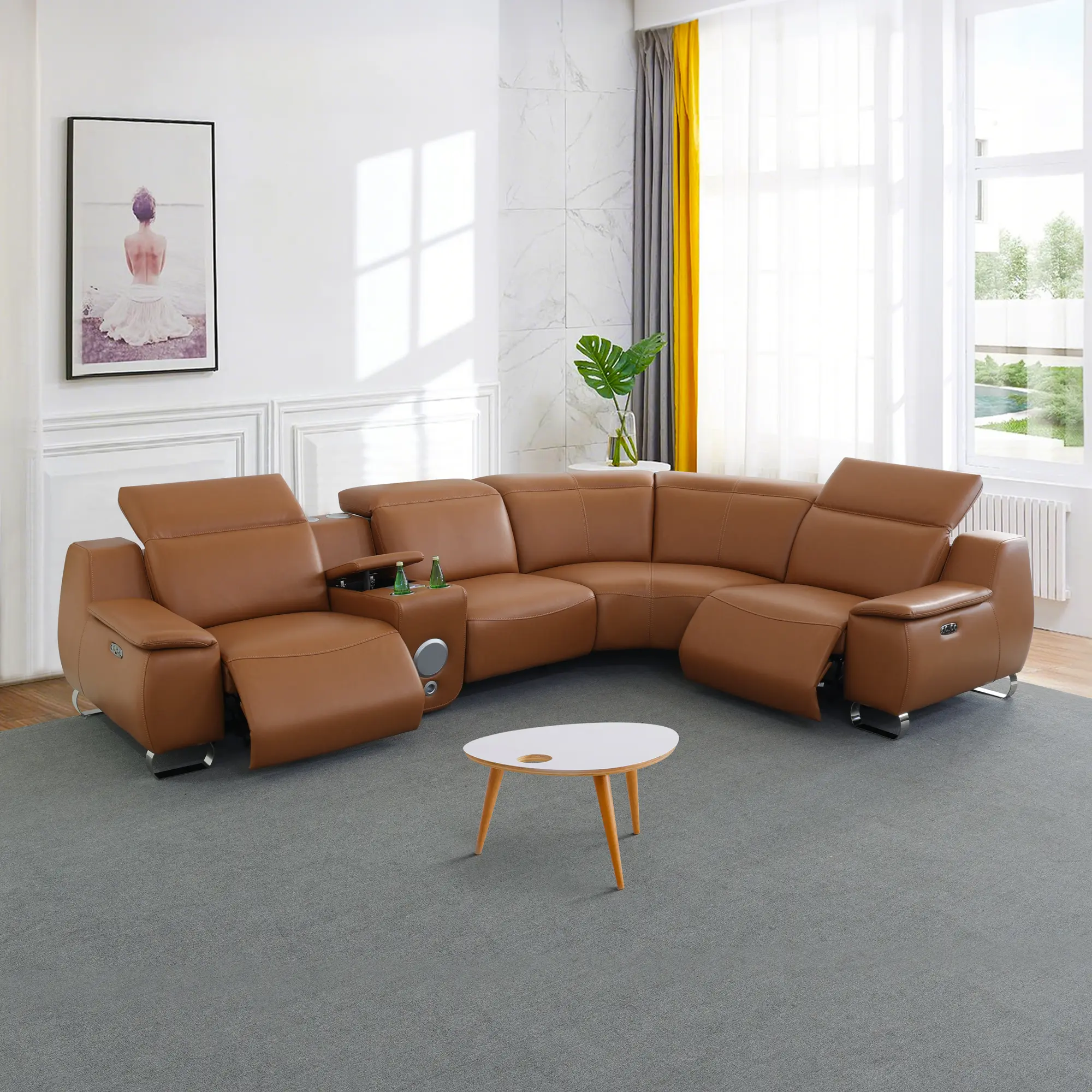 Orange Yellow Technical Fabric 5-Piece Recliner Sofa Set with Wireless Charging & Bluetooth Speaker, Multi-Angle Adjustable Reclining Lounge Sofa for Living Room & Home Theater