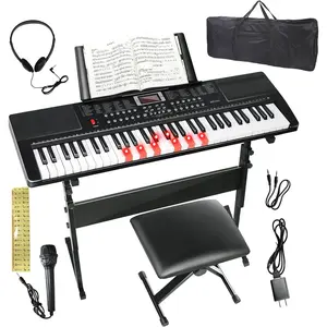 Keyboard Piano 61 Key Electric Piano Keyboard for Beginners/Professional, Full Size Light Up  Keyboard Built-in Dual Speakers with LED Display, Stand,  Stand, Microphone, Bench (Black A)