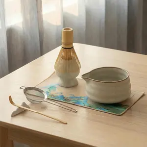 7-Piece Gray Ceramic Matcha Set including Matcha Bowl, Bamboo Whisk, Whisk Holder, Sifter, Scoop, Scoop Rest, and Tea Towel