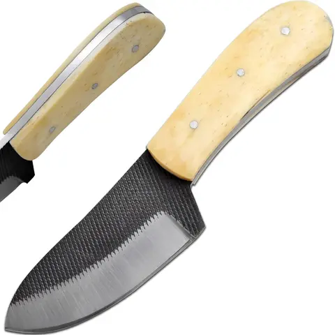 Wild Turkey 7-in Fixed Blade Hunting Knife (WT-510) - 1075 High Carbon Steel Edge, Bone Handle, Leather Sheath, Survival Tools for Hiking & Outdoor Sports, Compact for Peeling