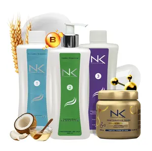 NK Professional Care Sensitive Keratin Hair Straightening Treatment, Vegan, Formaldehyde Free. Kit Steps 1,2,3,4. Sensitive straightening treatment, post-treatment shampoo and restorative mask.