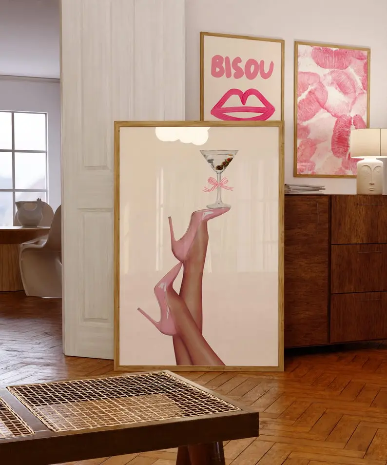 Retro Blush Pink Cocktail Graphic Print Poster - Durable Digital Print on Luster Paper, Whimsical Vintage Rose Themed Home Wall Decor (Home Supplies), Graphic Prints