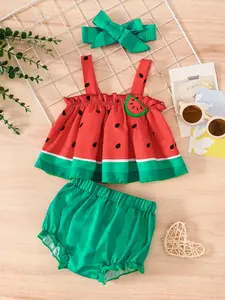 Girls' Watermelon Three-Piece Set, Tank Top Dress, Shorts, Headband, Summer Cute Fruit, Baby Girls' Fashion Accessories