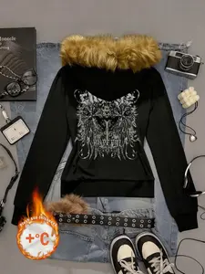 Women's Casual Vintage Hooded Jacket with Fur Collar, Fall & Winter Fashion, Y2K Style, Cross Print Pattern, Long Sleeve Fitted Coat