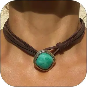 Boho Necklaces for Women Brown Suede Choker Necklace for Women Trendy Boho Layered Leather Necklace Western Turquoise Necklace Boho Jewelry Western Outfit for Women