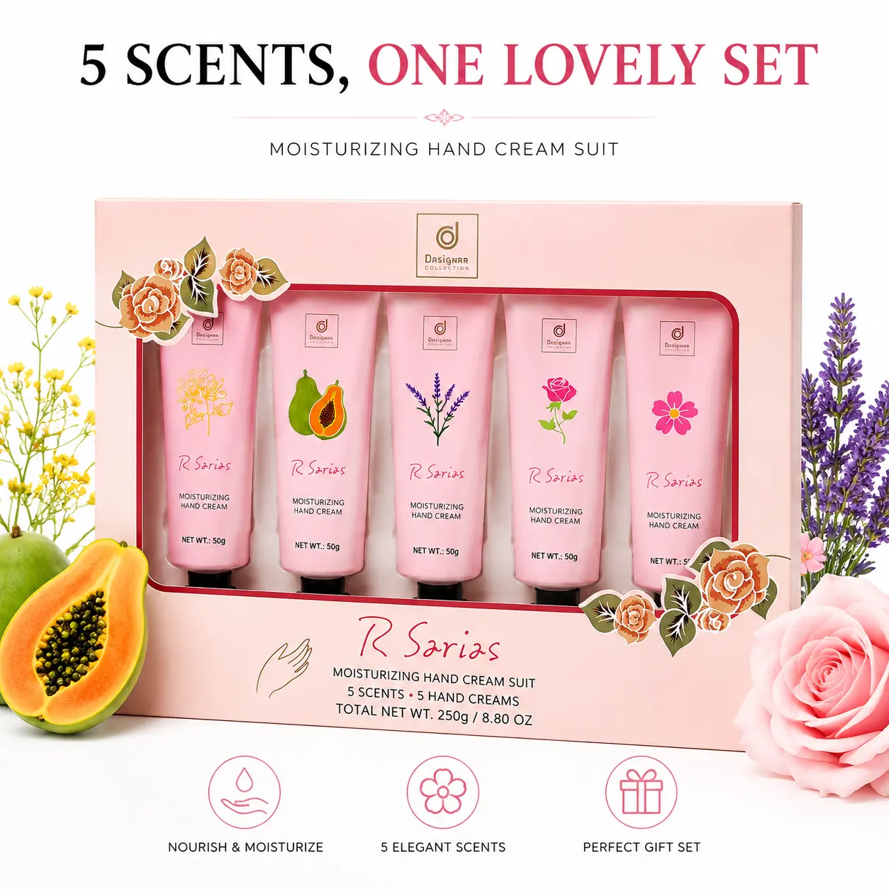 Moisturizing Hand Cream Gift Set, 5 Scents, 50g Each, Hydrating & Nourishing Hand Care Cream, Lightweight Non-Greasy Formula, Floral & Fruity Scented Hand Lotion for Women, Daily Hand Care & Gift