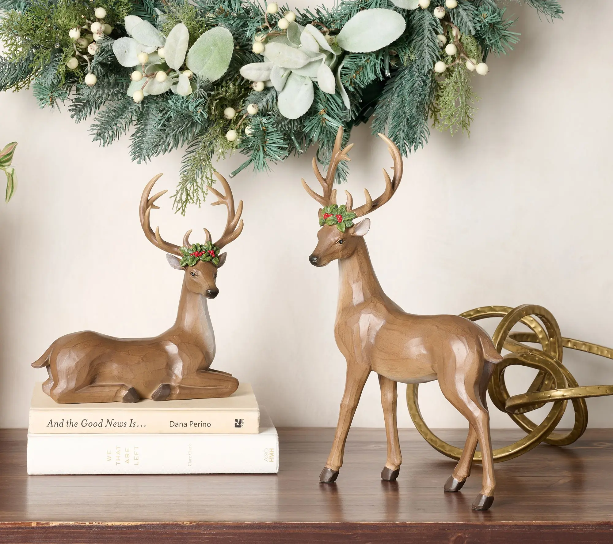 Set of 2 Deer Figures with Holly by Valerie