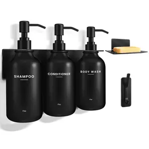 Shampoo and Conditioner Dispenser Set - Shower Soap Dispenser Wall Mounted - Drill Free 17 fl oz Set of 3 Plastic Pump Bottles and Soap Holder - Shampoo Dispenser, Shower Dispenser