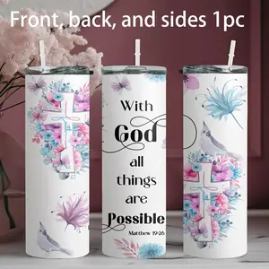 1pc 20oz stainless steel water bottle, Drinkware Tumbler, printed with floral cross biblical style pattern design, suitable for fitness, travel, driving and daily use at home. A great gift for family and friends.