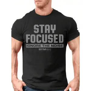 Men's Gym Motivation T-Shirt | Stay Focused Graphic | Soft Breathable Cotton | Black Crewneck Short Sleeve | Comfort Fit | Minimalist Bold Text | Durable Performance Wear | For Workout/Casual/Office | Ideal Fitness Gift for Workout Enthusiasts