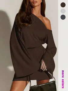 Elegant One Shoulder Flare Sleeve Dress, Deep Color Night Out Short Skirt, Show off Shoulders Party Dress for Women