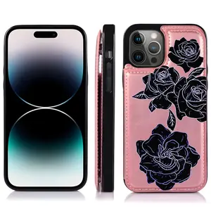 Purple Flowers Aesthetics Pattern Phone Cases Compatible For With iphone 17 16 15 14 13 12 PRO PLUS MAX Air PU Black Durable Flip High quality Leather Credit Card Bag Holder Mother Gift Wallet Shockproof Anti-Drop Full Protection Phone Cases Shell Cover