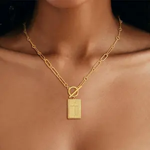 Chunky Cross Tag Charm Necklace | 14K Gold Plated | Toggle Clasp Fashion Jewelry for Women
