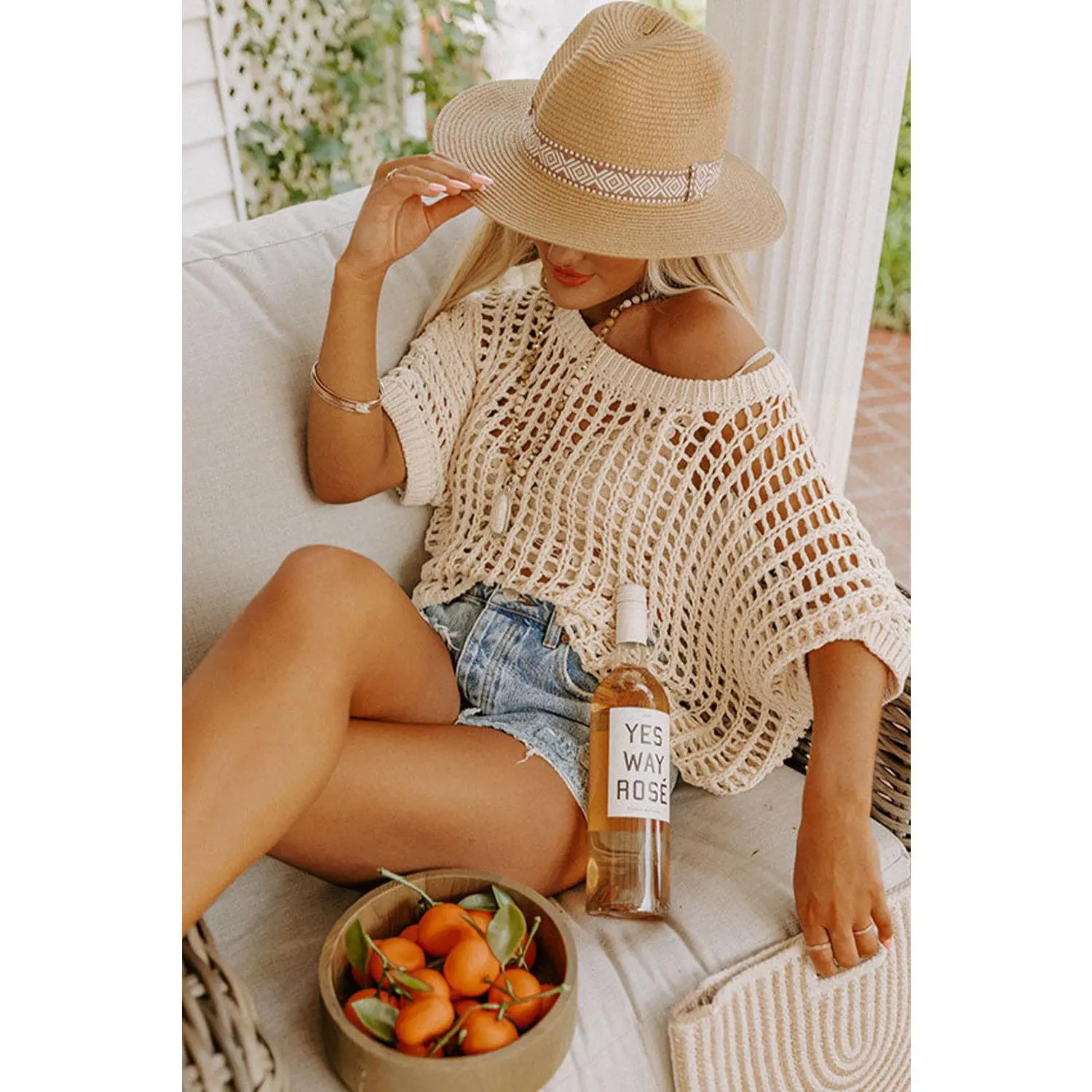 Apricot Fishnet Knit Ribbed Short Cover Up Apricot Fishnet Knit Ribbed Short Cover Up