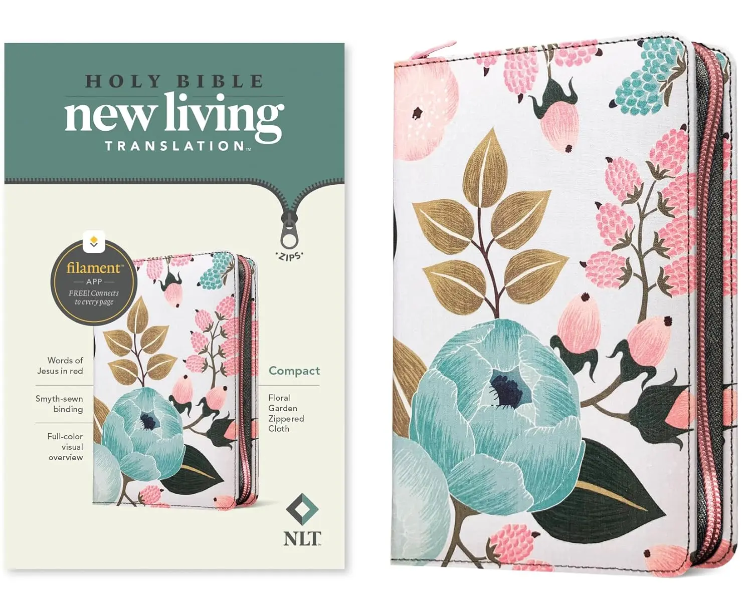 NLT Compact Zipper Bible - New Living Translation, Filament Enabled, Cloth Cover, Floral Garden Design, Red Letter Words of Jesus, Paperback with Bible App Compatibility