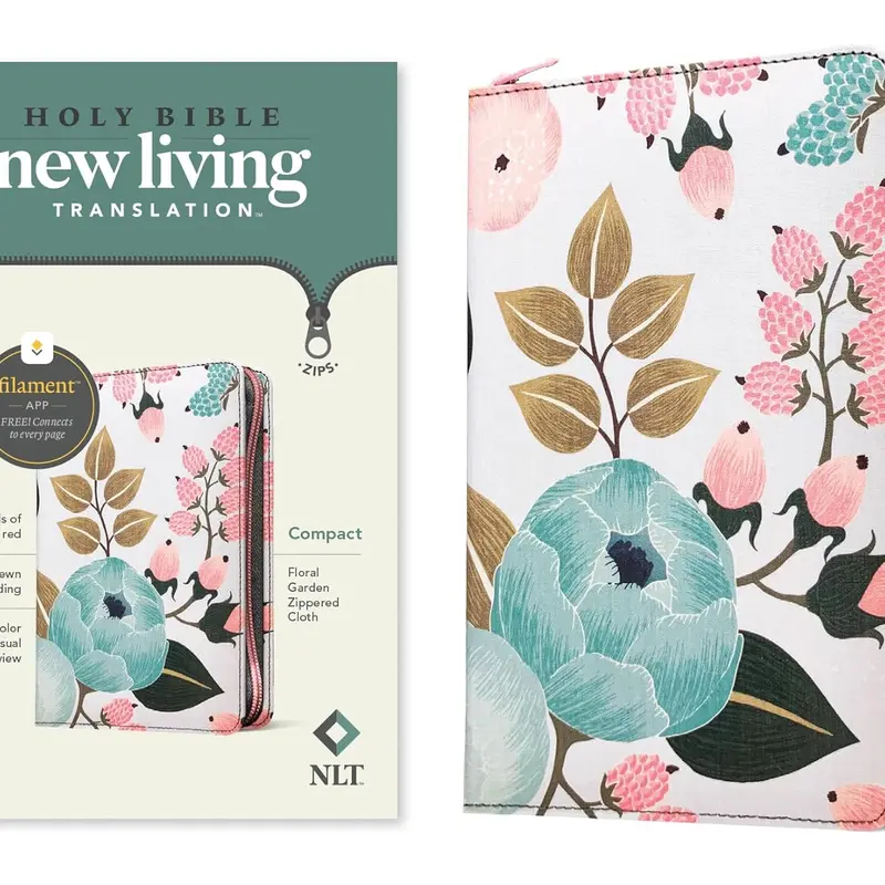 NLT Compact Zippered Holy Bible for Young Adults - English, 1,500+ Devotions, 25,000+ Study Notes, Filament Enabled, Cloth Cover, Floral Garden Design, Red Letter Jesus Words, Trade Paperback, Bible App Compatible, Music Library Access, Portable