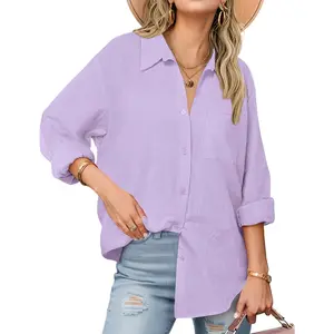 Womens Button Down Shirts Long Sleeve Cotton Gauze Tops Casual Collared Blouses Loose Fit
