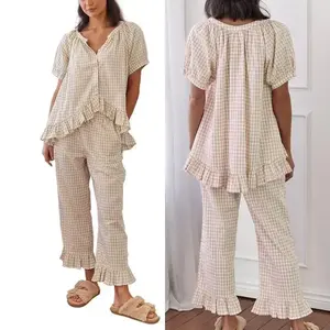 Women's 2 piece pajama set short sleeve plaid print button shirt + ruffle pants set sleepwear loungewear(Sheets)