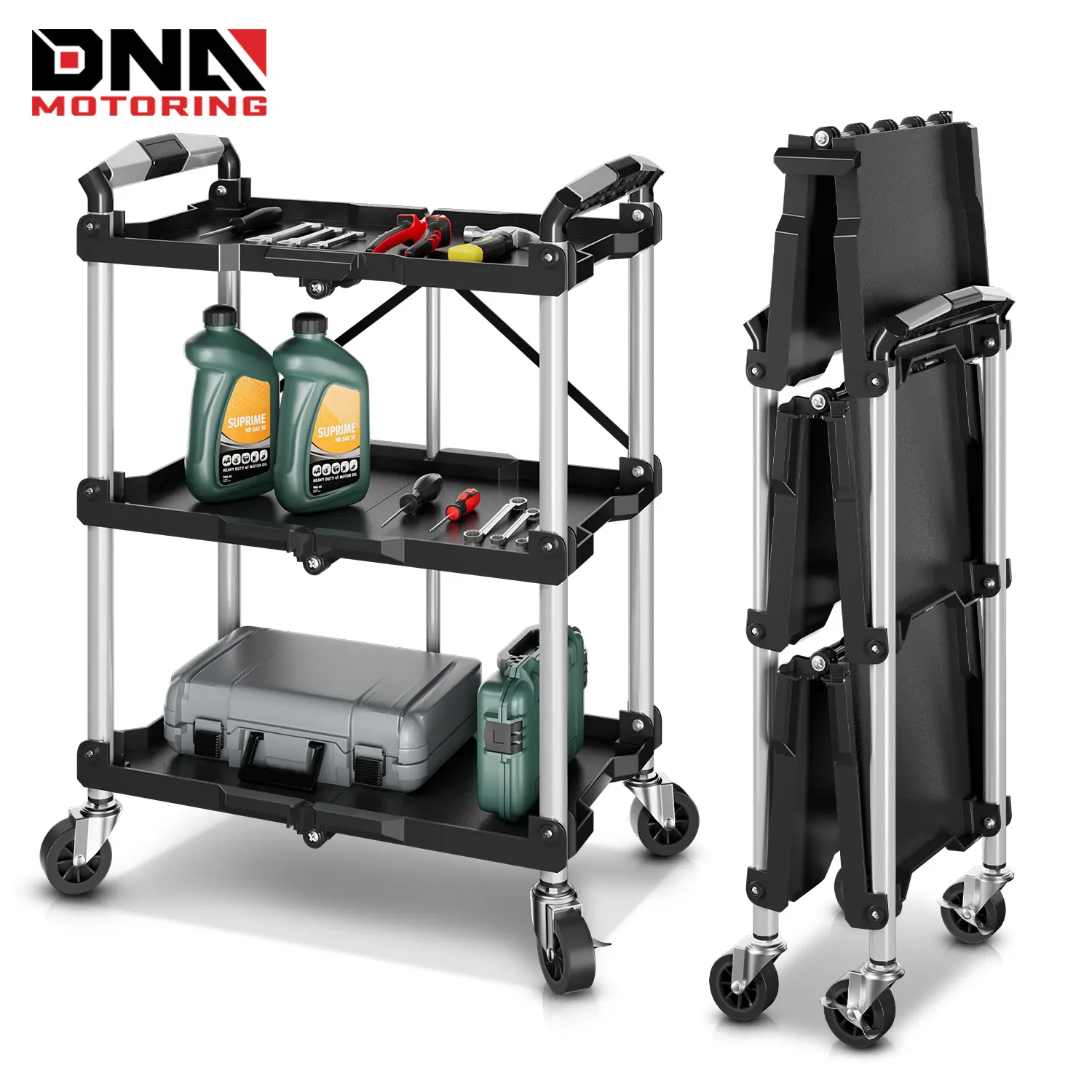 DNA MOTORING 3-Tier Foldable Service Cart with Wheels, Collapsible Rolling Utility Cart, 265 lbs Capacity for Warehouse, Garage, Workshop & Restaurant