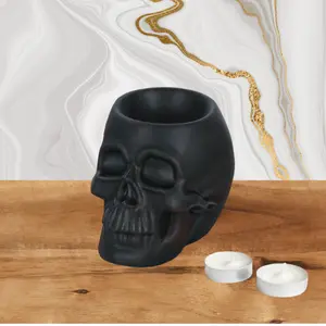 Spooky Ceramic Skull Wax Melt Warmer - Halloween Decor Matte Black Finish with Bonus Gel Wax Melt and Tea Light Candles