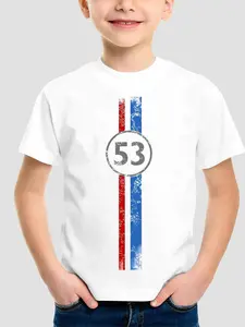 Boys Fashion 2D Embossed Vintage Distressed Racing Stripe T-Shirt, Casual Short Sleeve, Herbie Theme, Comfortable Fit, Daily Wear, Graphic Tee