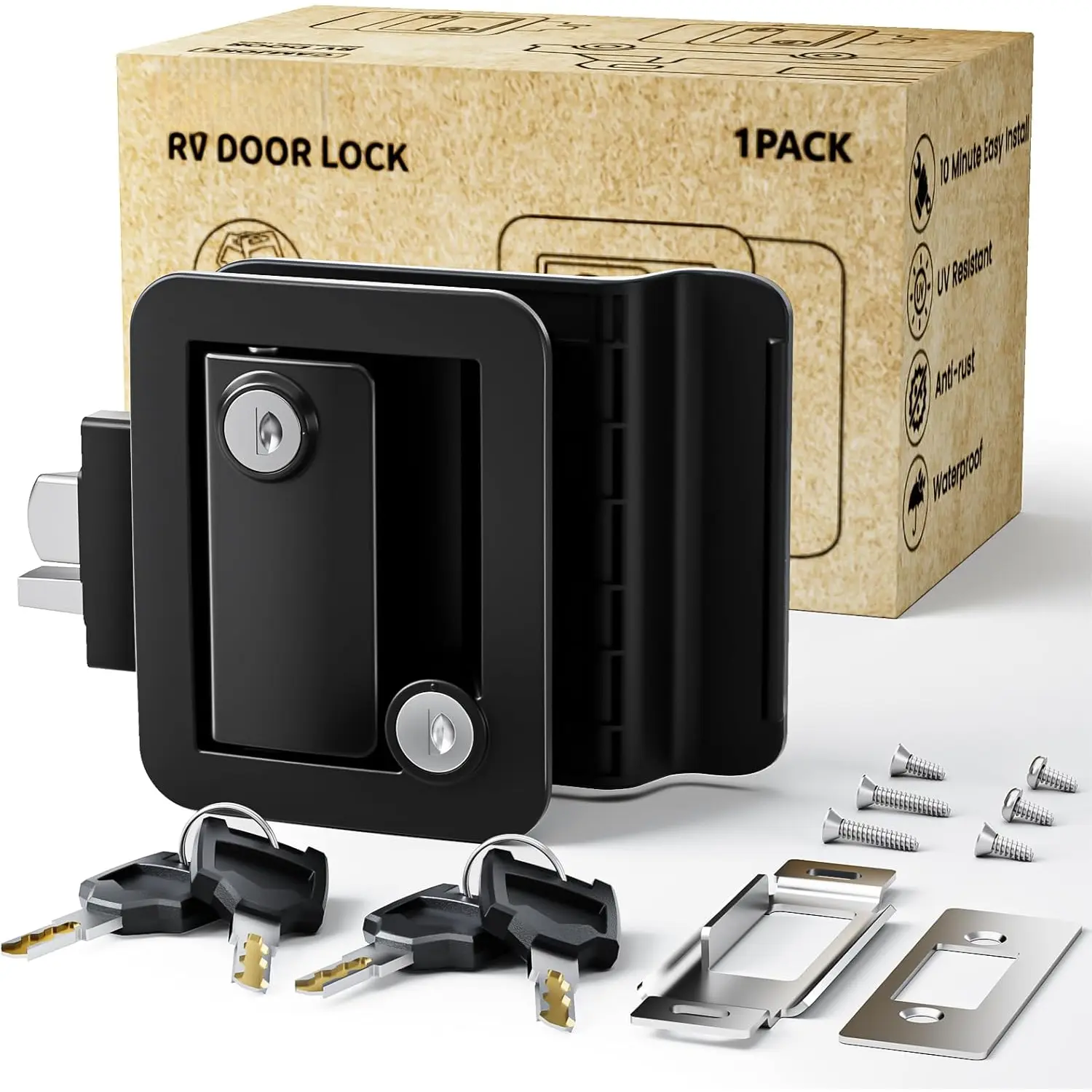 RV Door Lock Replacement,RV Locks, Metal,RV Door Locks,Camper Door Lock,Upgraded  RV Door Latch with Paddle Deadbolt,Camper Door Latch for Camper Horse Trailer Cargo(4 Keys 1 Lock)