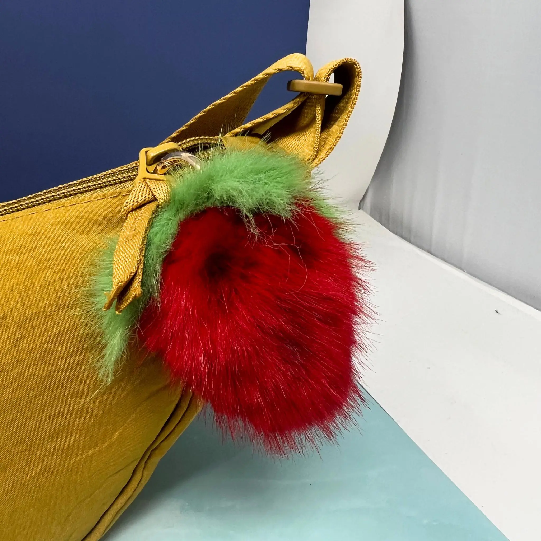 Fuzzy Strawberry Pom Pom Keychain with Green Leaf Top – Cute Plush Fruit Bag Charm