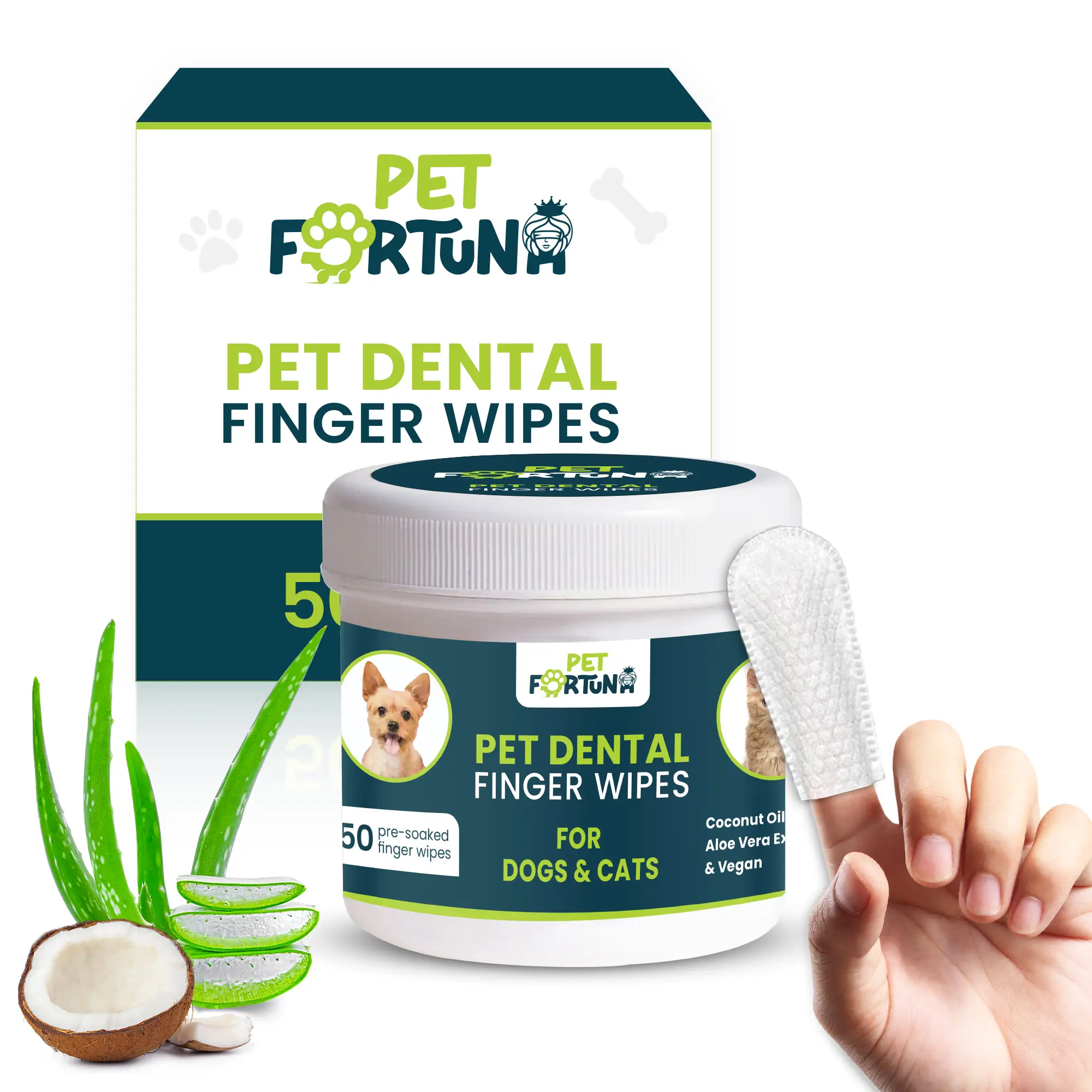 [Pet Fortuna] 50pc Pet Dental Teeth Cleaning Finger Wipes for Dogs & Cats, Removes Buildups & Freshens Breath, Disposable Cleaning Dental Wipe - Unsce