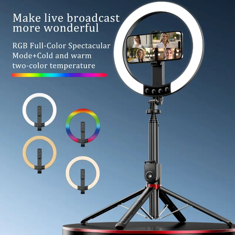 This Ring Light With Four-legged Stand Is Equipped With An RGB Full-color Adjustable Selfie Stick, Two Independent Remote Controls, A Built-in Battery For Easy Portability, And An Aluminum Alloy Pole, Suitable For Live Broadcasts And Outdoo