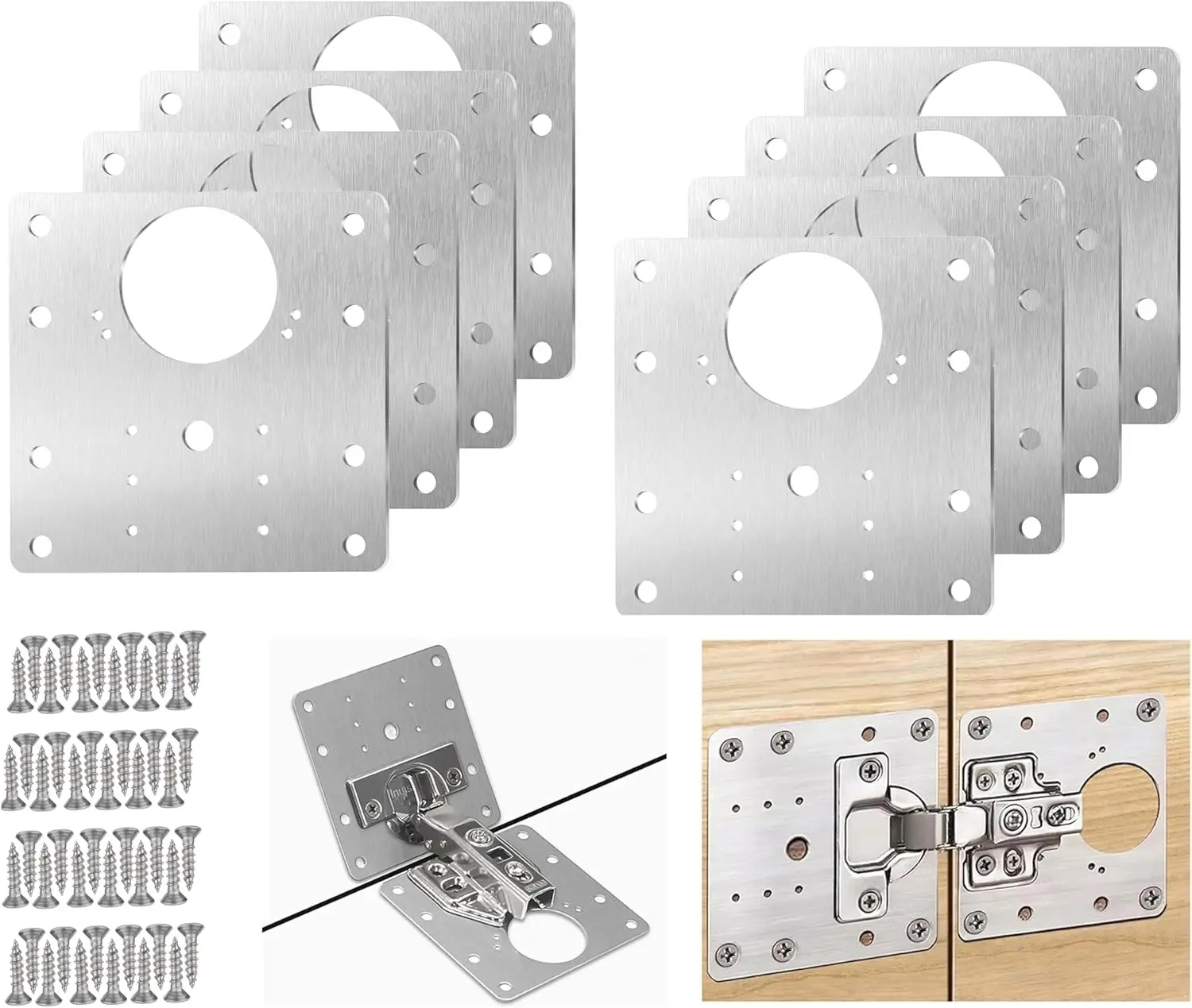 8 PCS Stainless Steel Door Hinge Repair Plates with Screws, Cabinet Repairs Solution for Kitchen Cupboard Doors