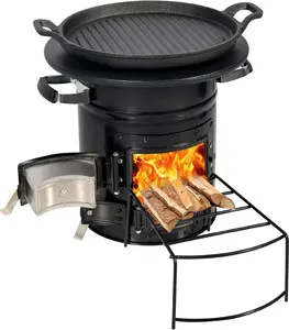 Rocket Stove Wood Burning Portable and Grill Pan, Charcoal Camping Stove with Handle and Carry Bag for Outdoor Cooking, Backpacking, RV, Survival, Black 12.6" Stove Top with Two Doors