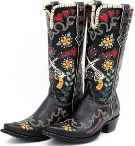 AOSPHIRAYLIAN Womens Floral Heart Embroidered Cowboy Cowgirl Boots Retro Pointed Toe Pull-On Western Boots Chunky Heels Mid Calf Boots