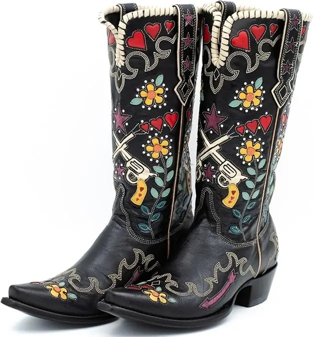 AOSPHIRAYLIAN Womens Floral Heart Embroidered Cowboy Cowgirl Boots Retro Pointed Toe Pull-On Western Boots Chunky Heels Mid Calf Boots summerwins