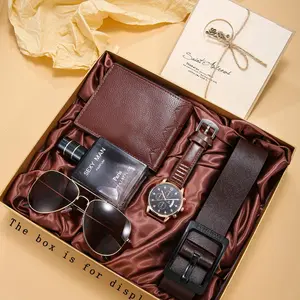 Men's Business Fashion Watch & Wallet & Belt & Sunglasses & Cufflinks & Greeting Card Set, Trendy All-match & Exquisite Watch Set for Birthday Gift, Men Accessories
